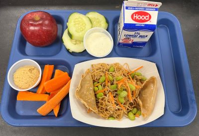 Photo: Blue school meal tray featuring an apple, sliced cucumber with ranch dip, Hood 1% milk, carrots sticks with hummus, "Pad Thai" style noodles with edamame, sliced carrots, and two potstickers